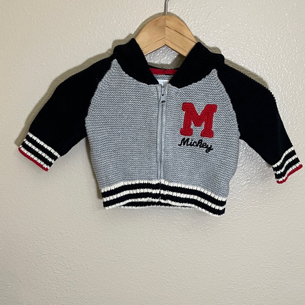 Baby Gap Disney Mickey Mouse Black Gray Zip-Up Cotton Knit Sweater